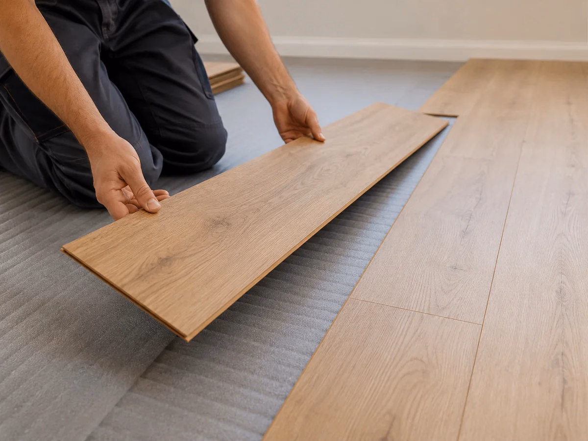 Sección de un suelo laminado con pavimento, base acústica y forjado mostrando el recorrido del ruido de impacto