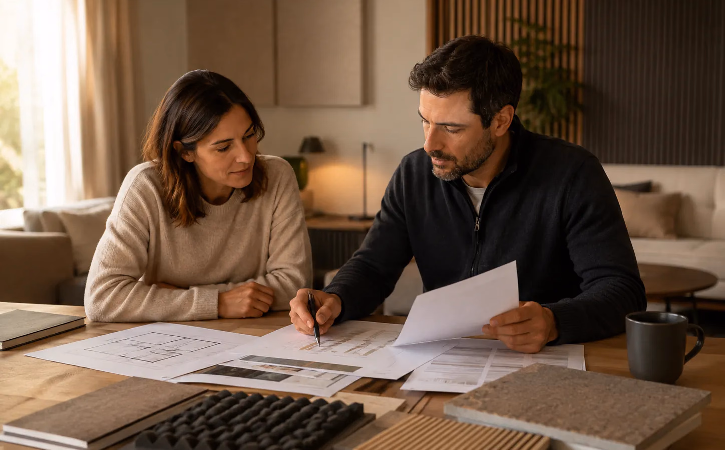 Propietario comparando presupuestos de insonorización y planos de una vivienda con una empresa especializada