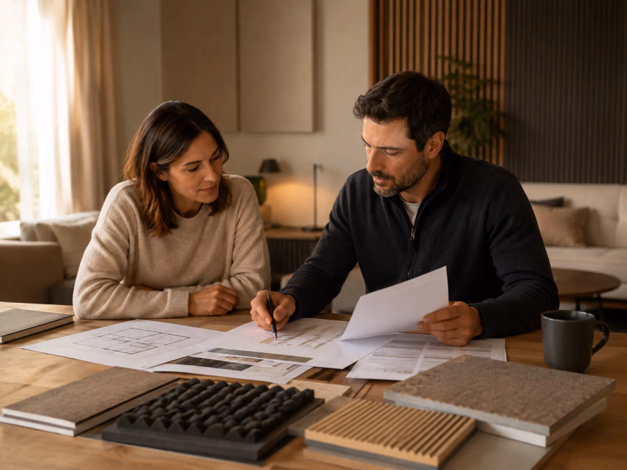 Propietario comparando presupuestos de insonorización y planos de una vivienda con una empresa especializada