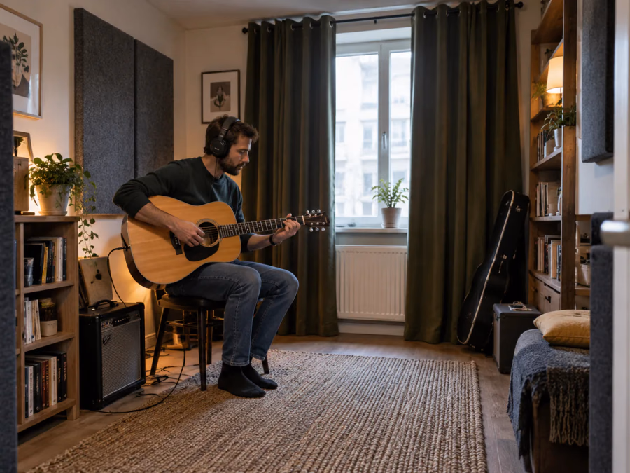 Habitación con rutas de salida del sonido por puerta, paredes, techo y suelo representadas en un esquema acústico