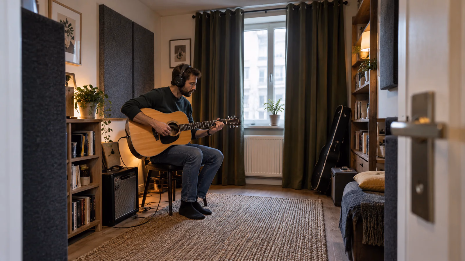 Habitación con rutas de salida del sonido por puerta, paredes, techo y suelo representadas en un esquema acústico