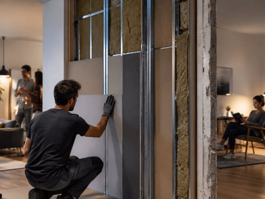 Pared medianera con trasdosado desacoplado, cámara absorbente, varias placas y rutas laterales de transmisión