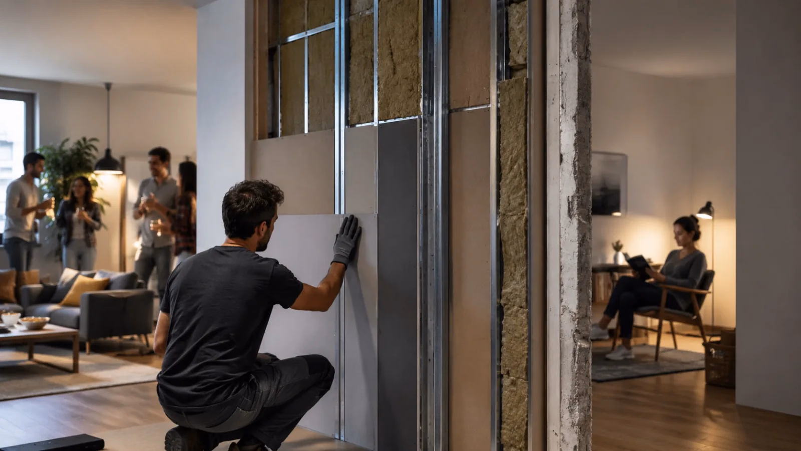 Pared medianera con trasdosado desacoplado, cámara absorbente, varias placas y rutas laterales de transmisión