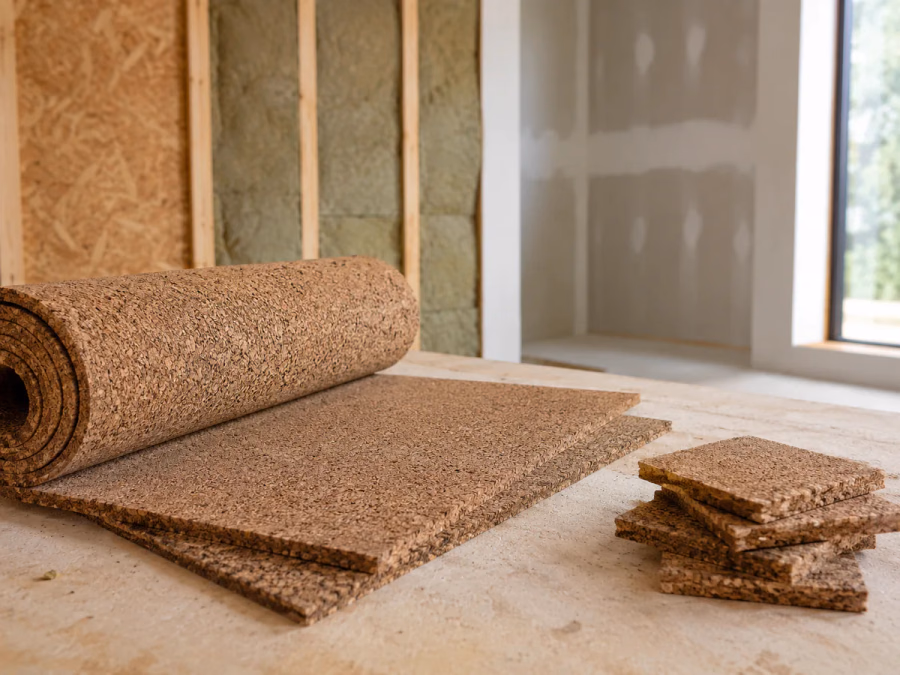 Muestras de corcho utilizadas como panel, relleno y base bajo pavimento con sus funciones acústicas separadas