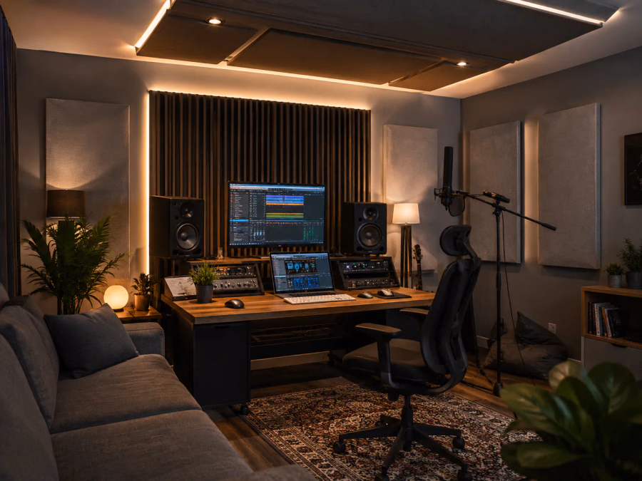Home studio doméstico con paredes desacopladas, puerta acústica, monitores y tratamiento interior