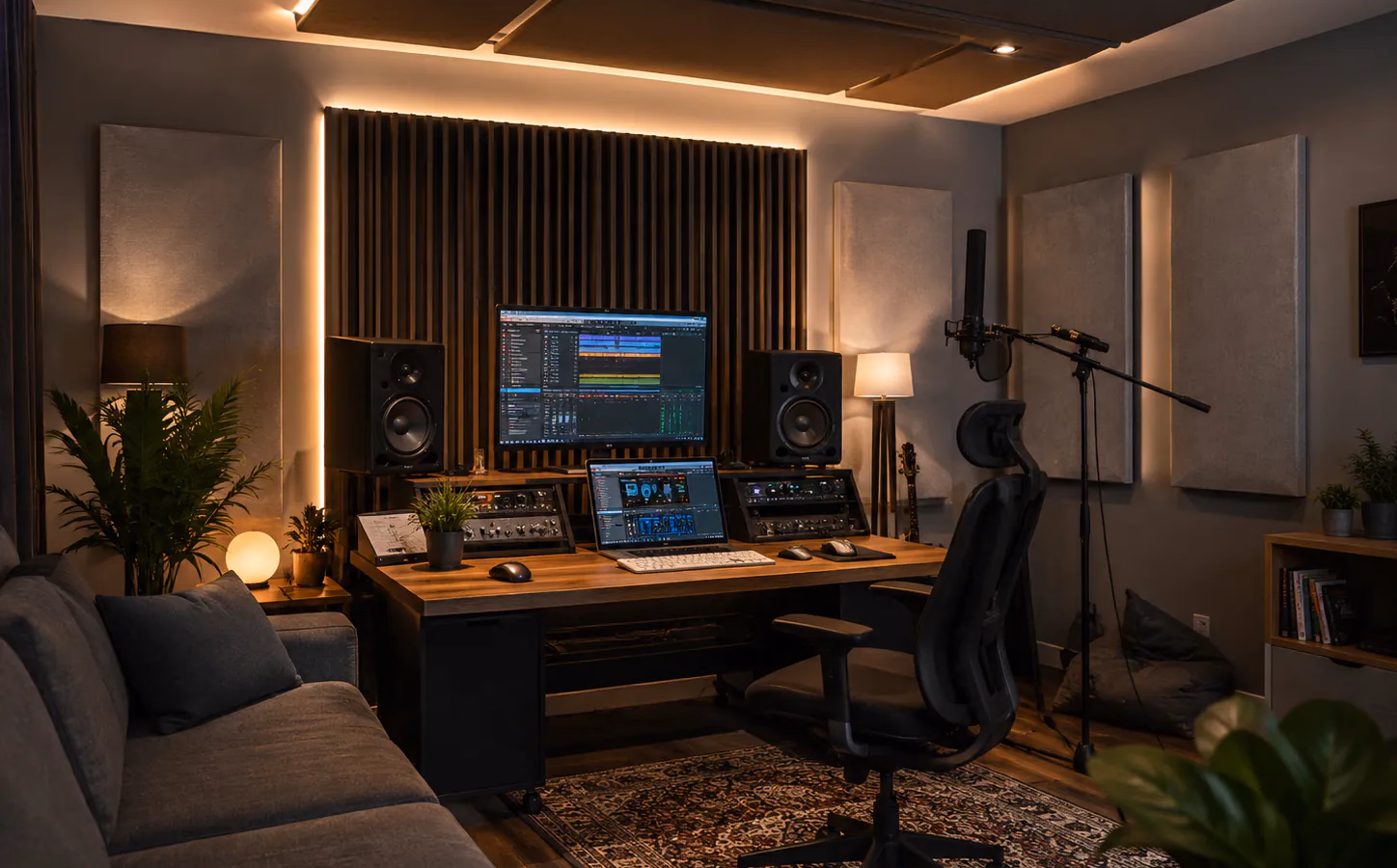 Home studio doméstico con paredes desacopladas, puerta acústica, monitores y tratamiento interior
