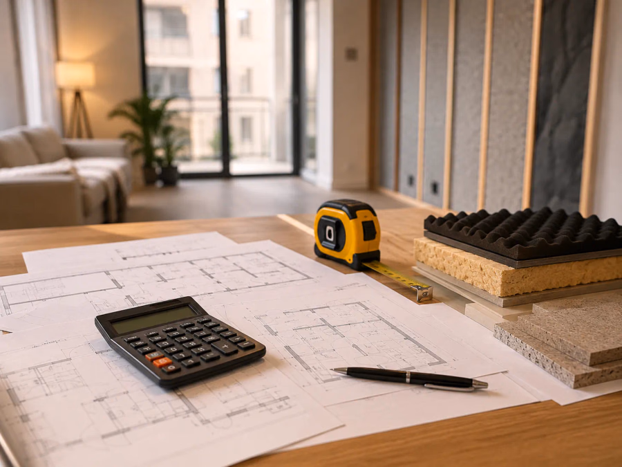 Plano de un piso completo con zonas marcadas para insonorizar paredes, techos, suelos, ventanas y puertas