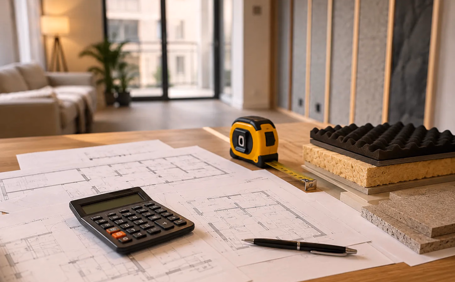 Plano de un piso completo con zonas marcadas para insonorizar paredes, techos, suelos, ventanas y puertas