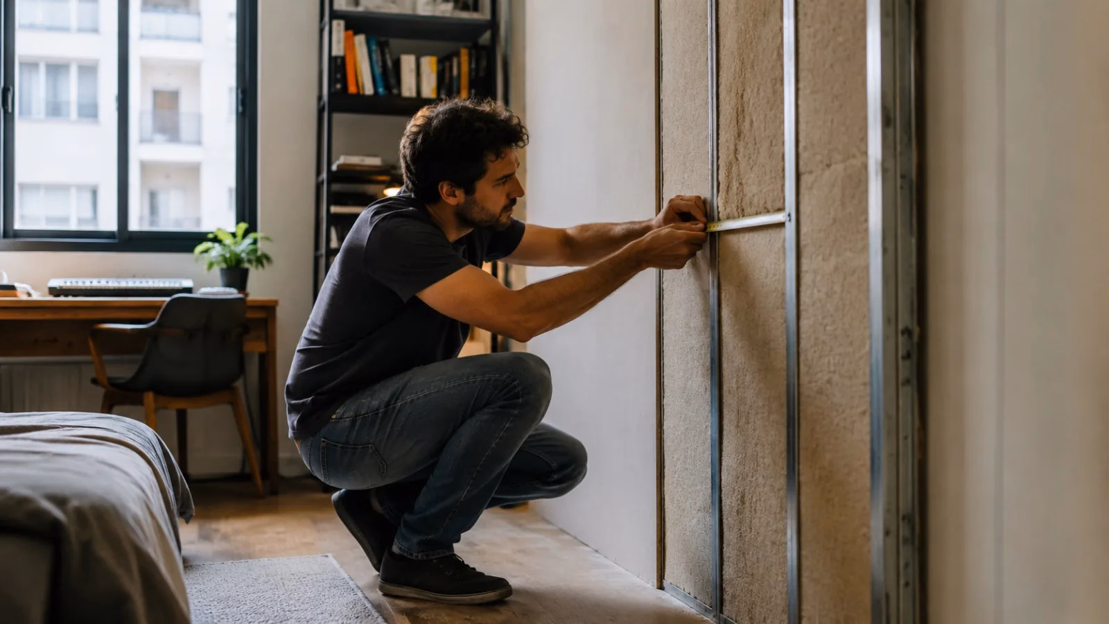 Pared con varios espesores de trasdosado y comparación del espacio útil antes y después de insonorizar