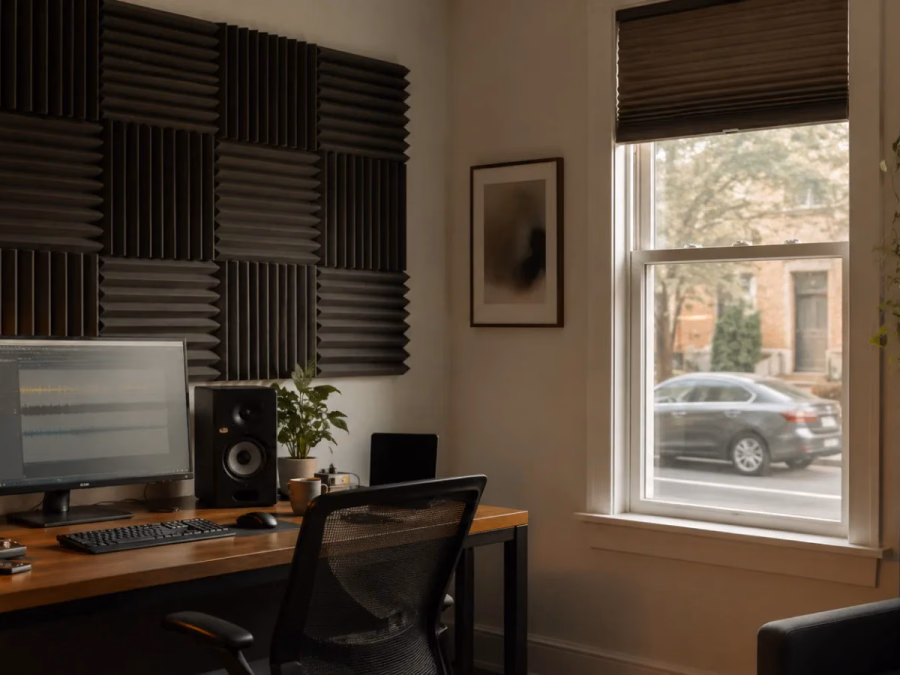 Habitación con paneles de espuma acústica y diferencias entre reflejos interiores y ruido que atraviesa una pared