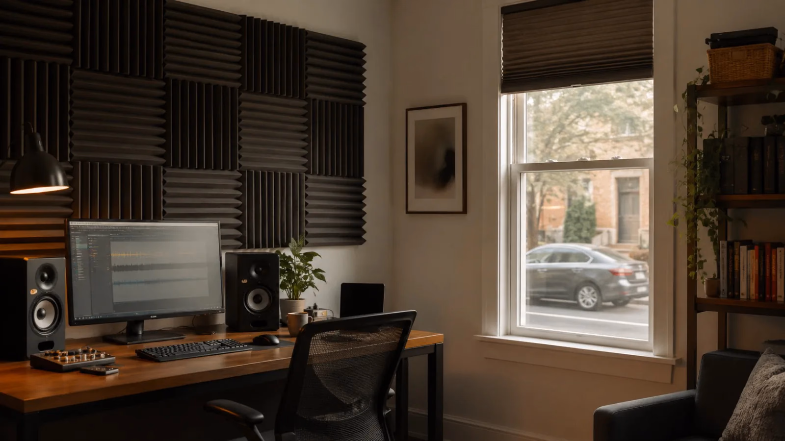 Habitación con paneles de espuma acústica y diferencias entre reflejos interiores y ruido que atraviesa una pared