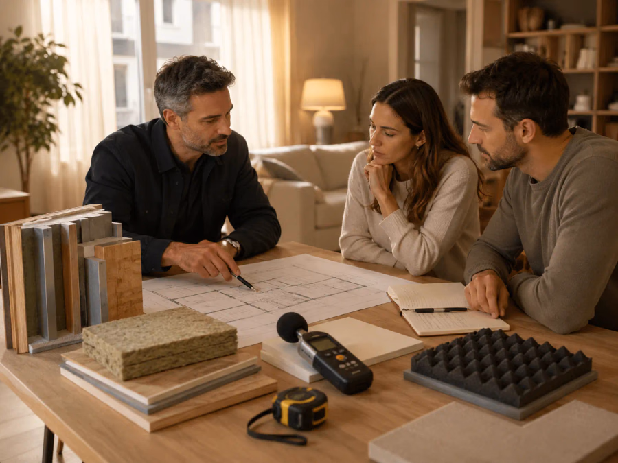 Técnico acústico midiendo ruido en el salón de una vivienda con sonómetro, planos e informe sobre una mesa