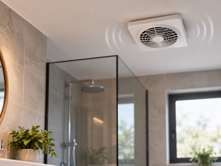 Extractor de ventilación instalado en el techo de un baño moderno