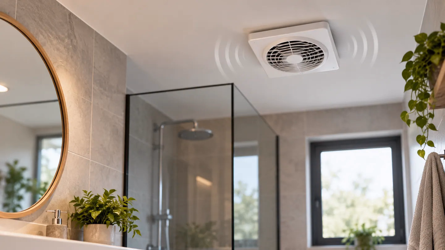 Extractor de ventilación instalado en el techo de un baño moderno