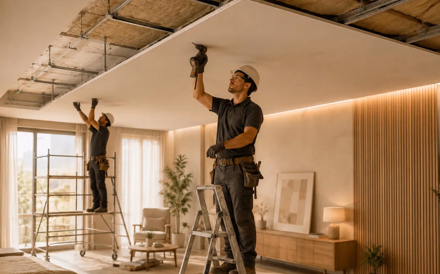 Instalación de falso techo acústico suspendido con perfilería, lana mineral y placas de yeso laminado