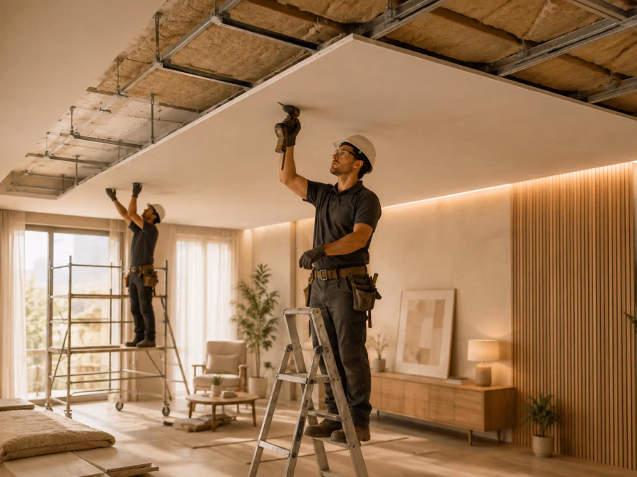 Instalación de falso techo acústico suspendido con perfilería, lana mineral y placas de yeso laminado
