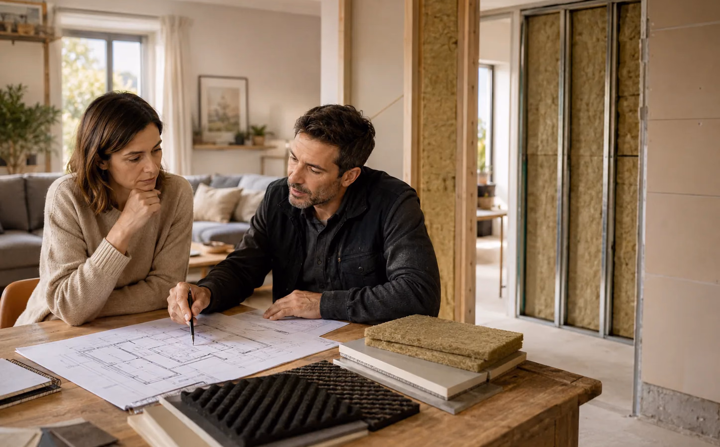 Plano de una vivienda dividido en fases de intervención acústica con pared, ventana, techo y suelo tratados según prioridad
