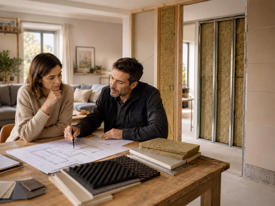 Plano de una vivienda dividido en fases de intervención acústica con pared, ventana, techo y suelo tratados según prioridad