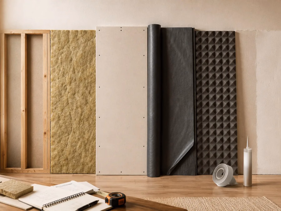 Capas de una pared acústica con sellado, absorbente, placas, estructura y recorridos del sonido señalados