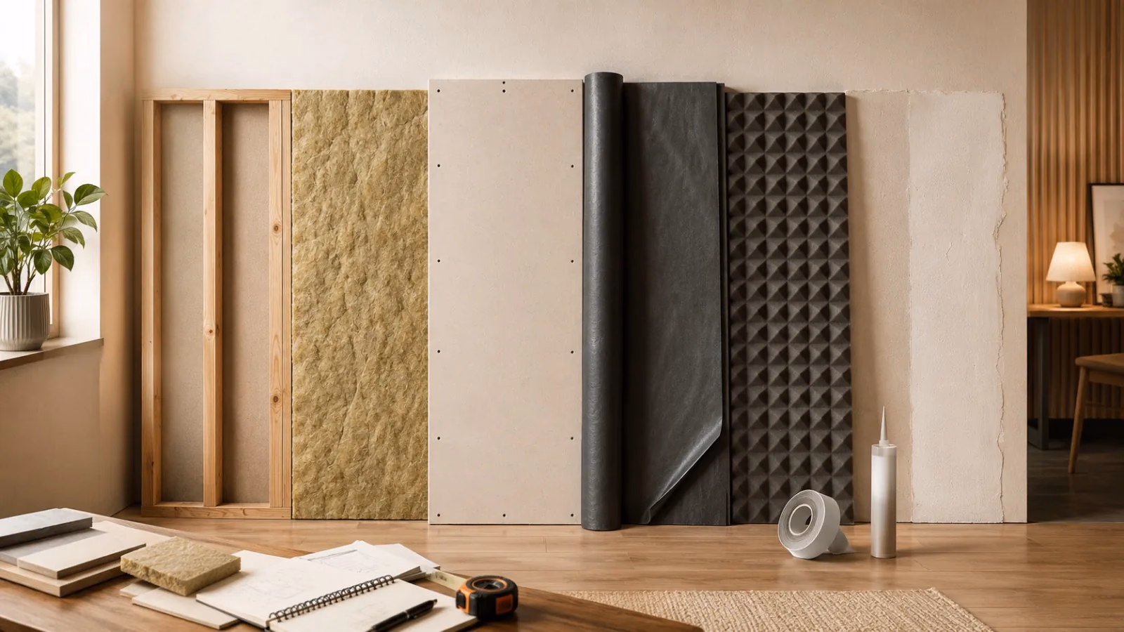 Capas de una pared acústica con sellado, absorbente, placas, estructura y recorridos del sonido señalados