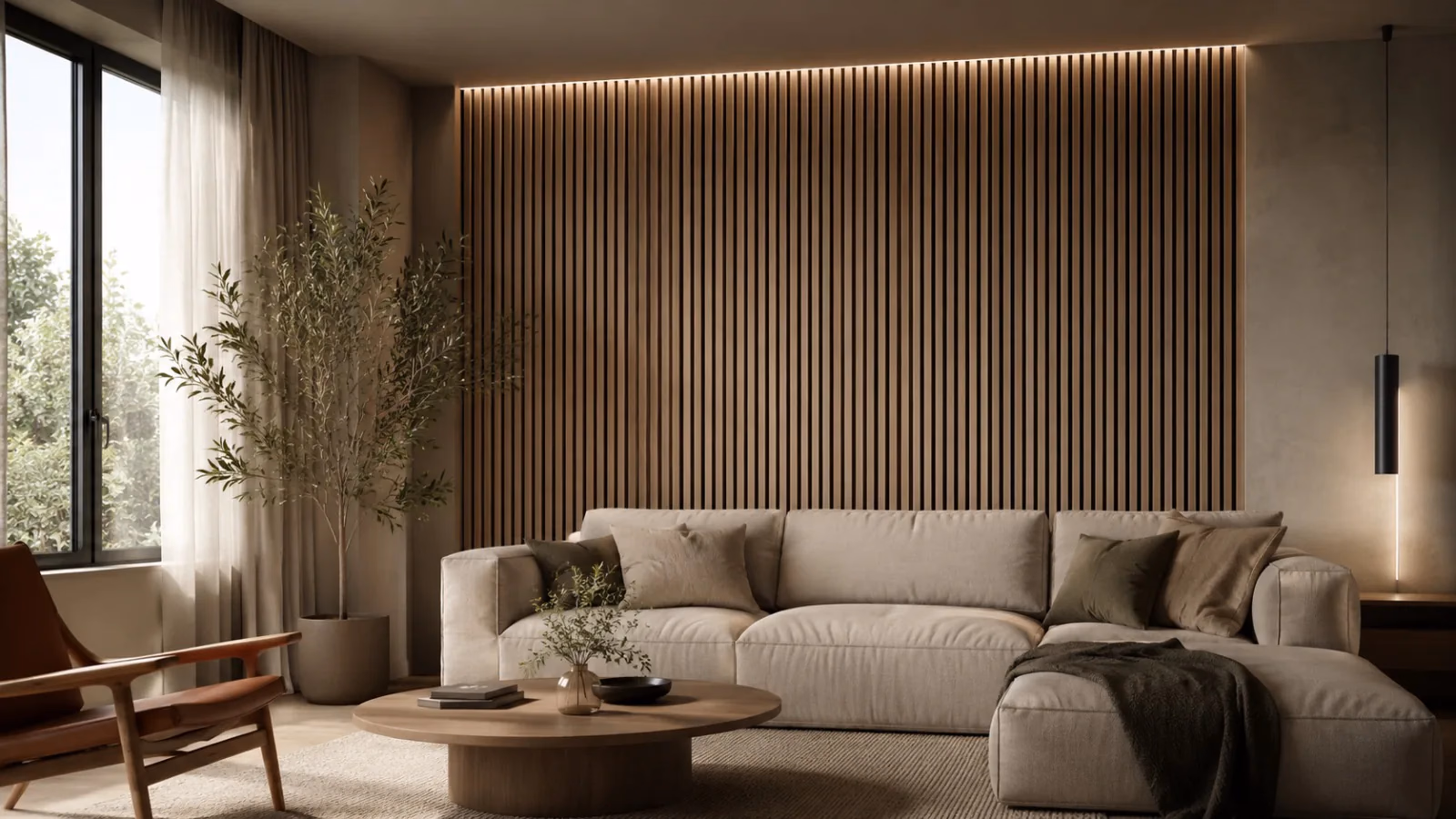 Salón con paneles acústicos decorativos de fieltro, tela y listones situados en diferentes paredes