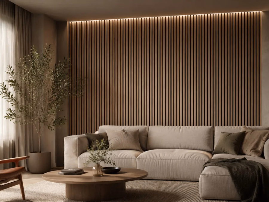 Salón con paneles acústicos decorativos de fieltro, tela y listones situados en diferentes paredes