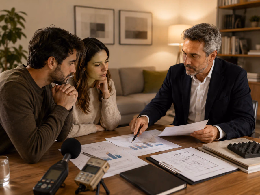 Perito acústico revisando mediciones de ruido y documentación técnica dentro de una vivienda