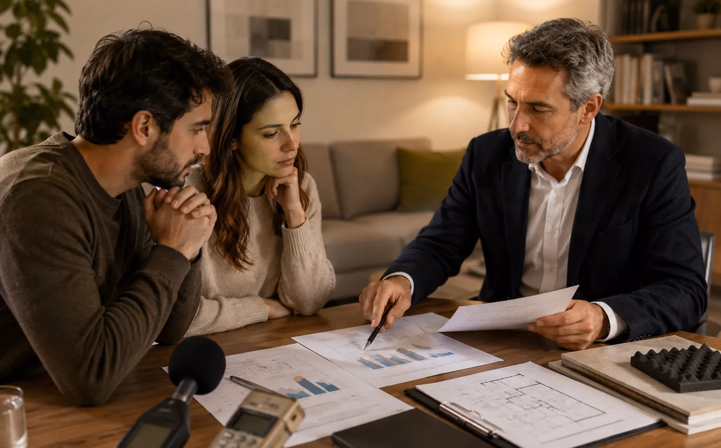 Perito acústico revisando mediciones de ruido y documentación técnica dentro de una vivienda