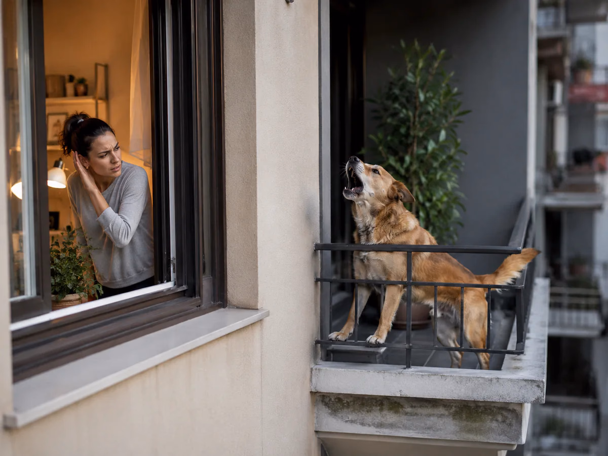 Dos viviendas vecinas con un perro ladrando y diferentes recorridos del sonido por fachada, patio y pared medianera
