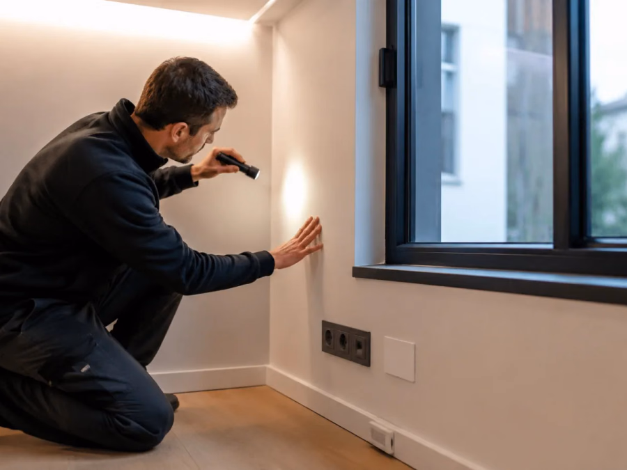 Pared acústica con tornillo, enchufe, tubería y encuentros rígidos que permiten al sonido rodear el aislamiento