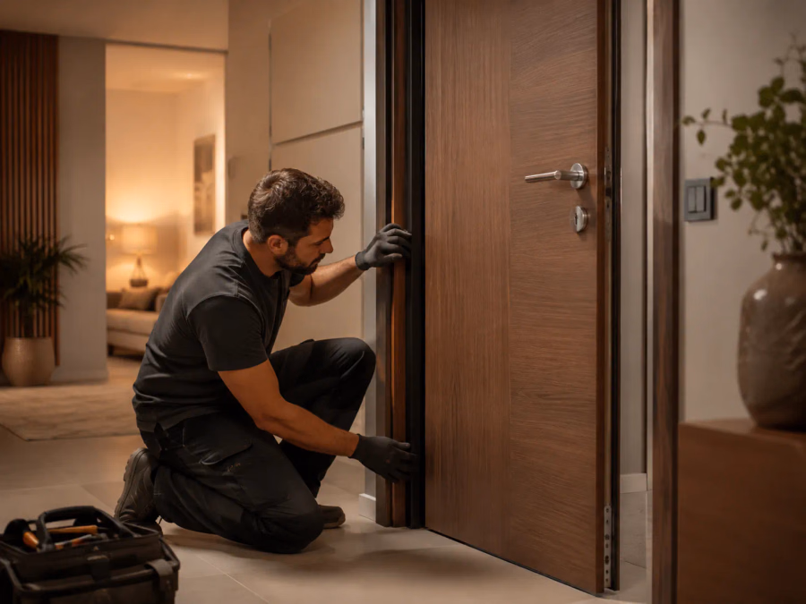 Puerta acústica instalada en una vivienda con marco sellado, juntas perimetrales y burlete inferior