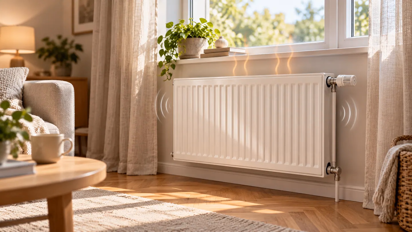 Radiador blanco bajo una ventana con válvula y tuberías de calefacción