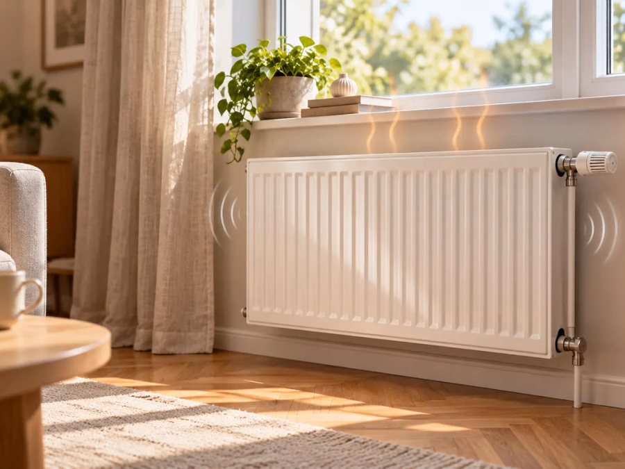 Radiador blanco bajo una ventana con válvula y tuberías de calefacción
