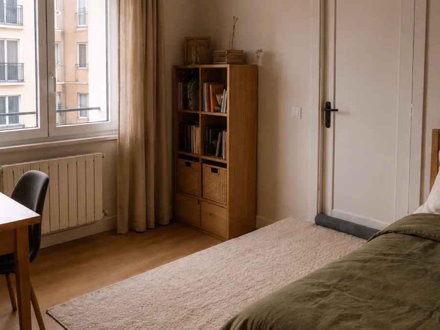 Dormitorio de un piso de alquiler con ventana, puerta, alfombra y mobiliario móvil
