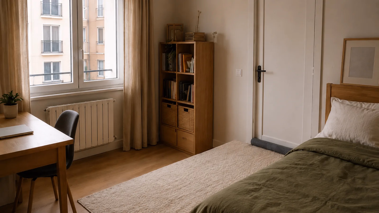 Dormitorio de un piso de alquiler con ventana, puerta, alfombra y mobiliario móvil