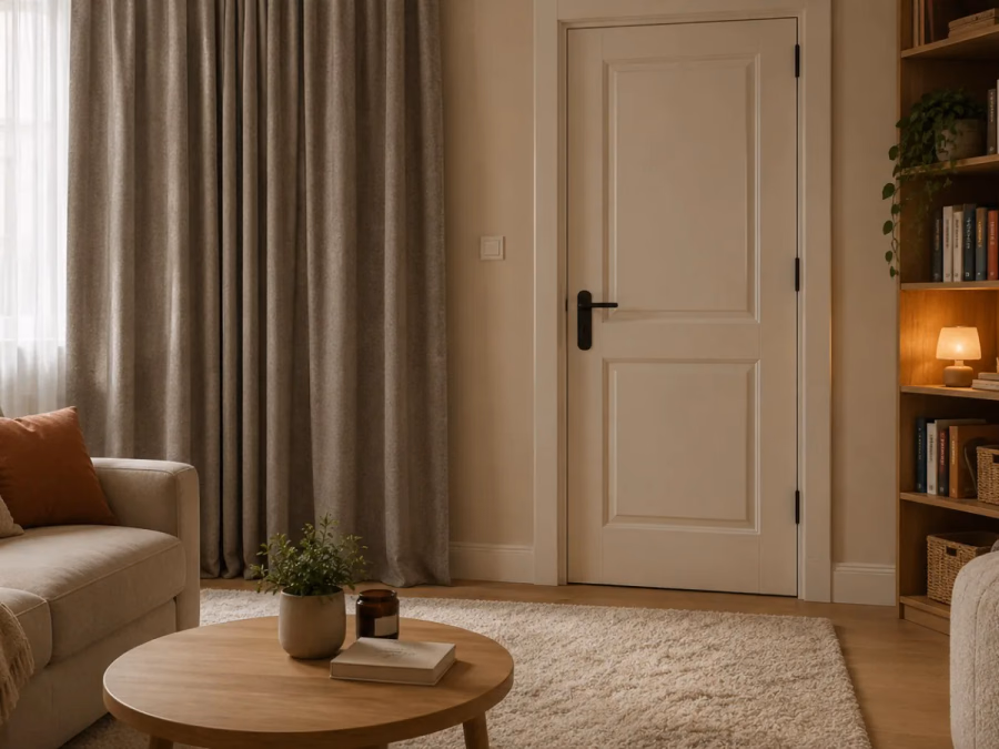 Salón junto a una medianera con puerta, estantería, alfombra y medidas reversibles para reducir el ruido