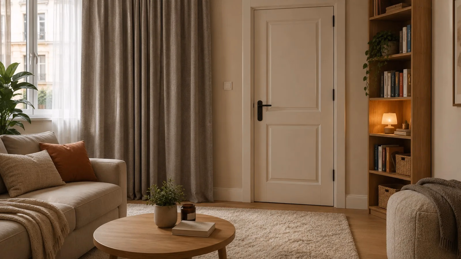 Salón junto a una medianera con puerta, estantería, alfombra y medidas reversibles para reducir el ruido