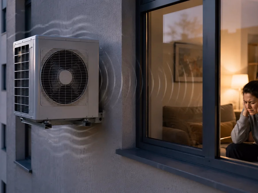 Unidad exterior de aire acondicionado en una fachada transmitiendo ruido aéreo y vibraciones hacia una vivienda vecina