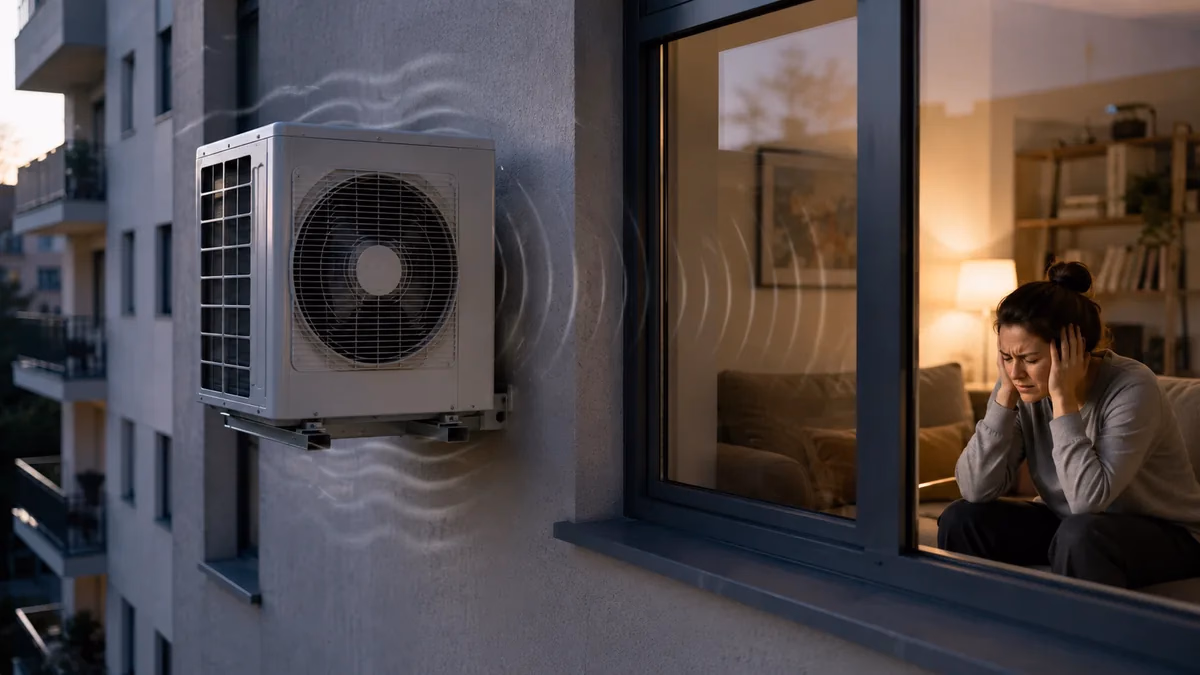 Unidad exterior de aire acondicionado en una fachada transmitiendo ruido aéreo y vibraciones hacia una vivienda vecina