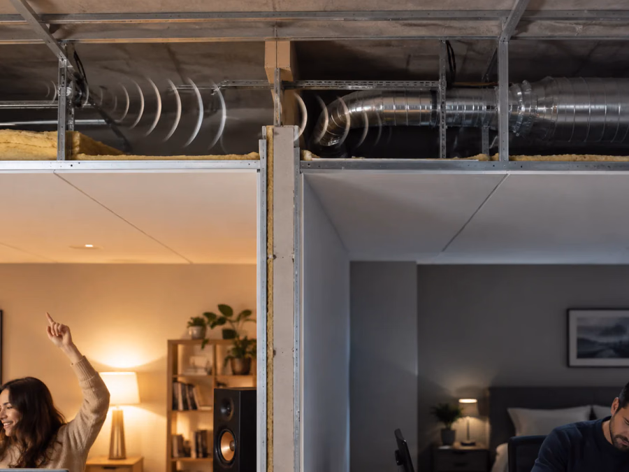 Dos habitaciones separadas por una pared con un falso techo continuo y una ruta de sonido por la cámara superior
