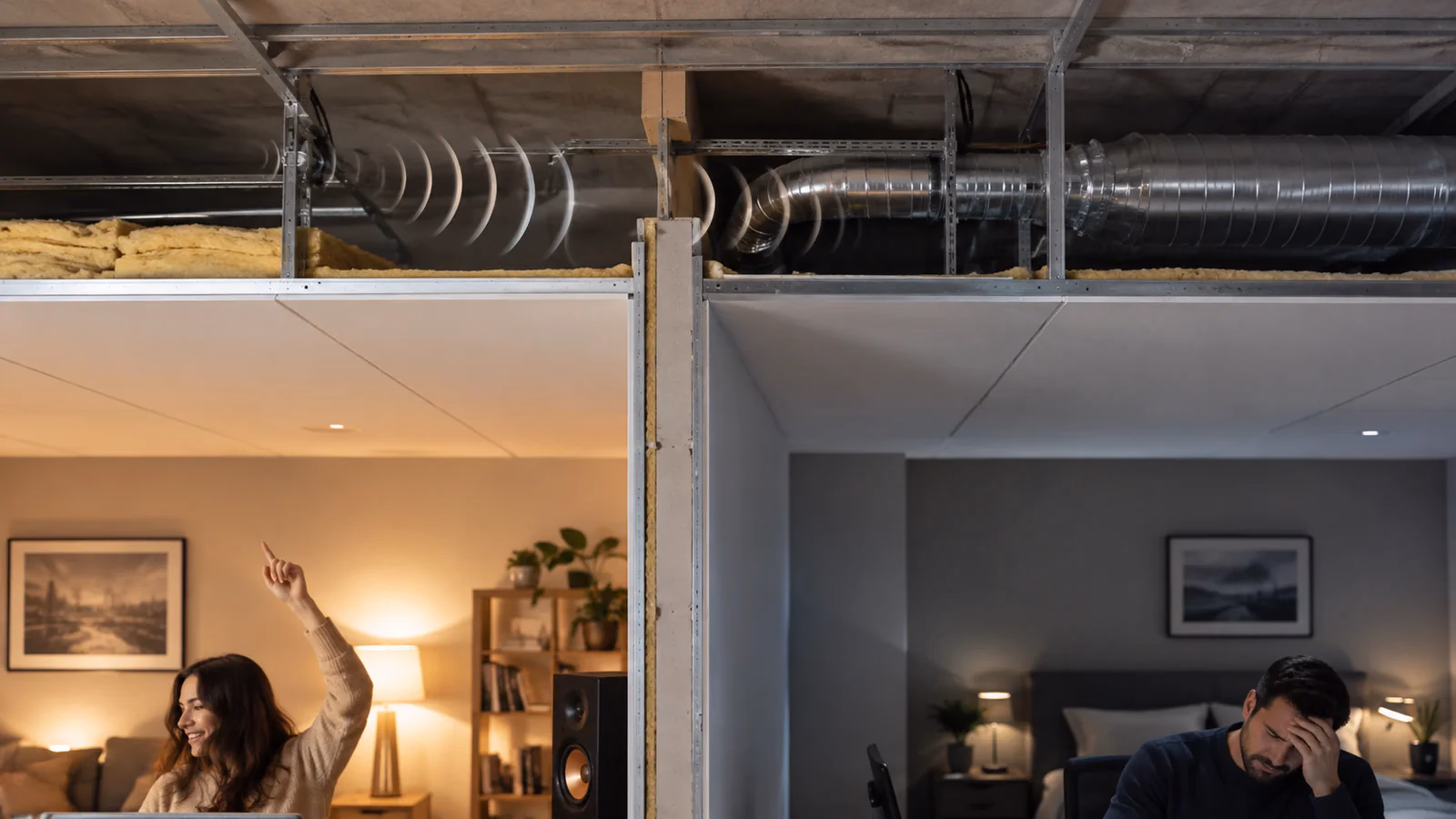 Dos habitaciones separadas por una pared con un falso techo continuo y una ruta de sonido por la cámara superior