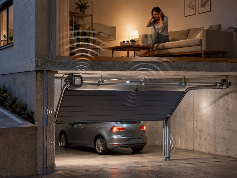 Puerta de garaje comunitario bajo una vivienda mostrando motor, guías, cierre y transmisión de vibraciones al edificio