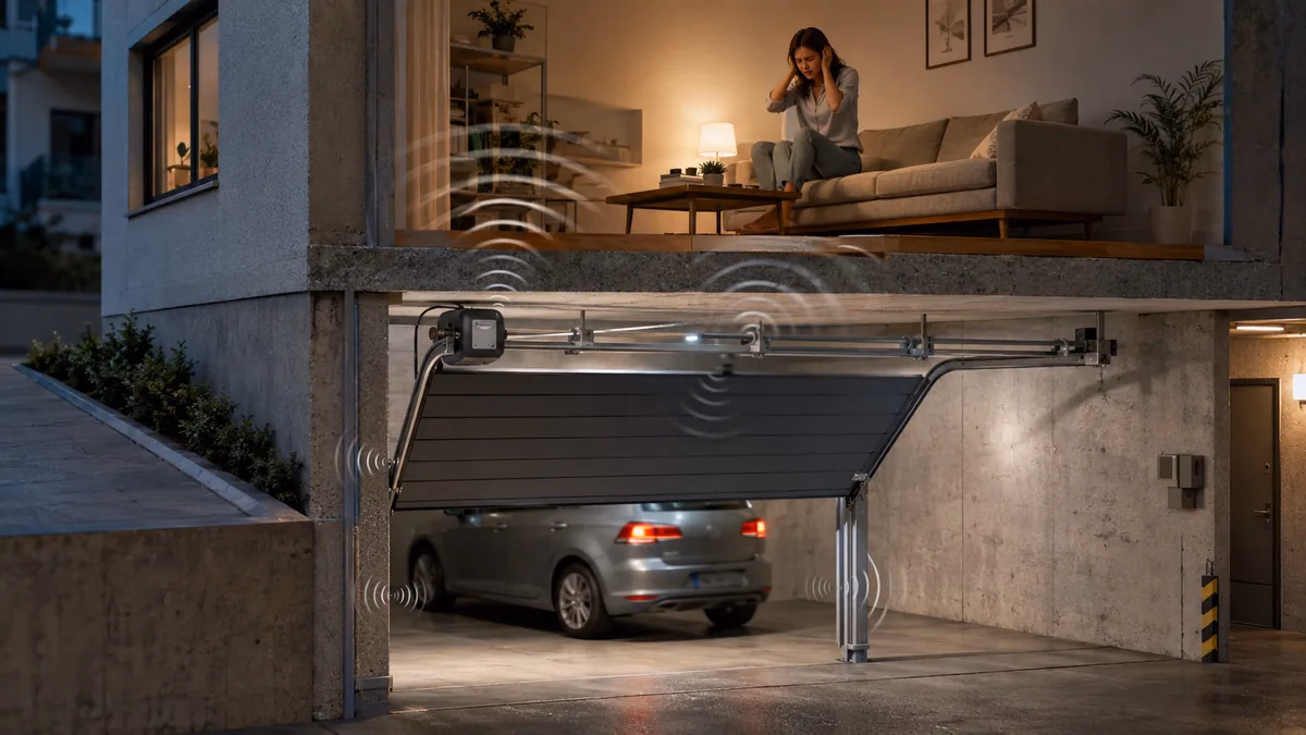 Puerta de garaje comunitario bajo una vivienda mostrando motor, guías, cierre y transmisión de vibraciones al edificio
