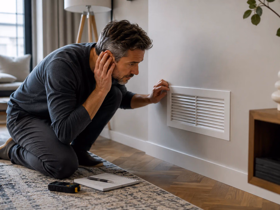 Rejilla y conducto de ventilación de una vivienda con recorrido del aire y posibles rutas de transmisión del ruido