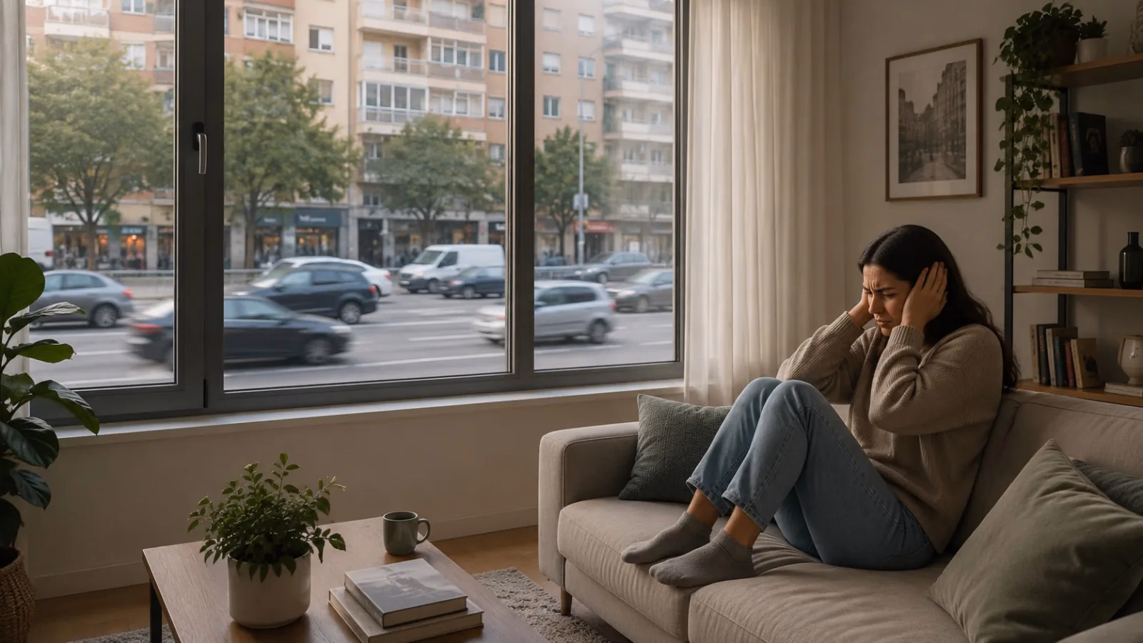 Ventana cerrada con tráfico exterior y ondas que atraviesan vidrio, juntas, persiana y aireador