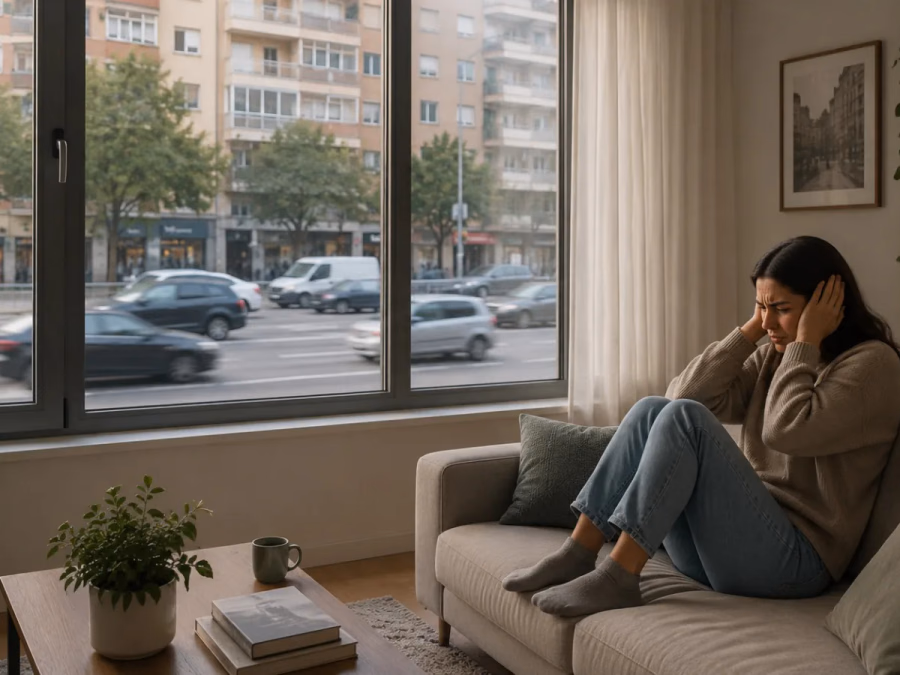 Ventana cerrada con tráfico exterior y ondas que atraviesan vidrio, juntas, persiana y aireador