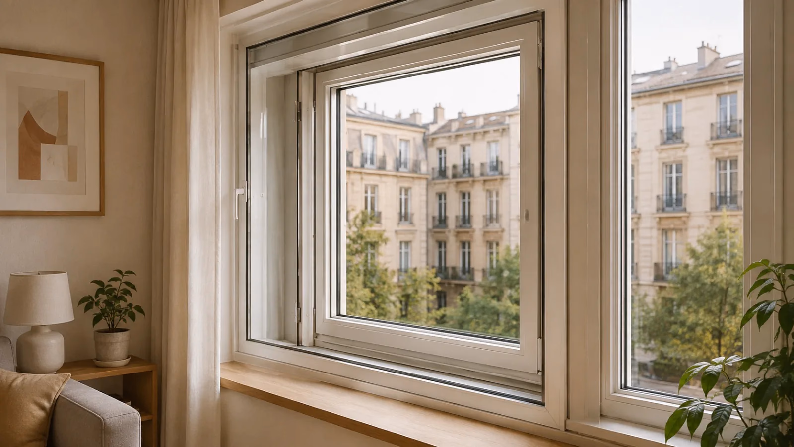 Dos ventanas separadas por una cámara interior con marcos, vidrios, juntas y recorrido del ruido señalados