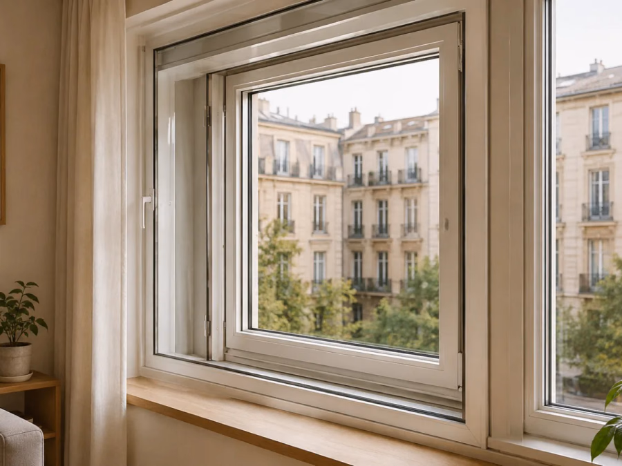 Dos ventanas separadas por una cámara interior con marcos, vidrios, juntas y recorrido del ruido señalados