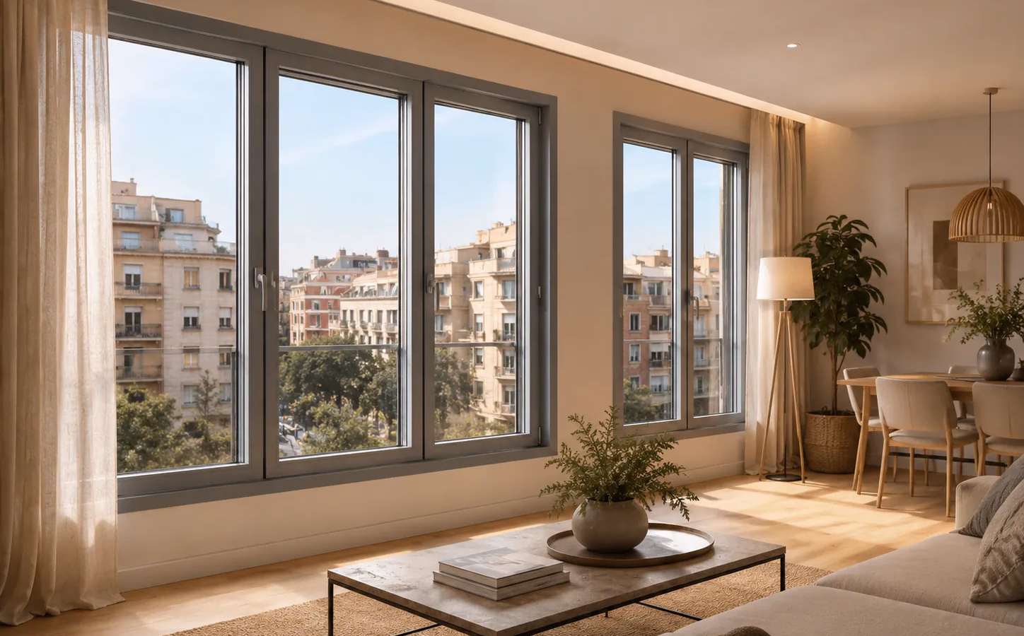 Ventana acústica practicable con doble acristalamiento instalada en una vivienda junto a una calle con tráfico