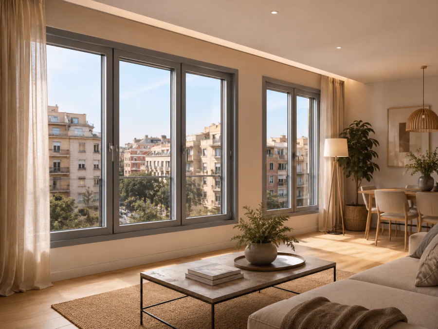 Ventana acústica practicable con doble acristalamiento instalada en una vivienda junto a una calle con tráfico